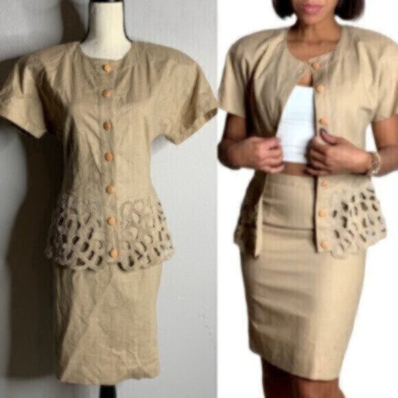 Pia Rucci Women’s Tan Vintage Two Piece Skirt Suit & Blazer Set - Picture 9 of 16